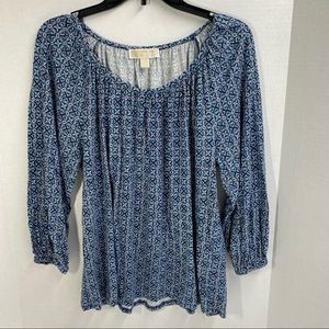 Michael Michael Kors Womens Pullover Top Size L Blue White Turquoise 3/4 Sleeves